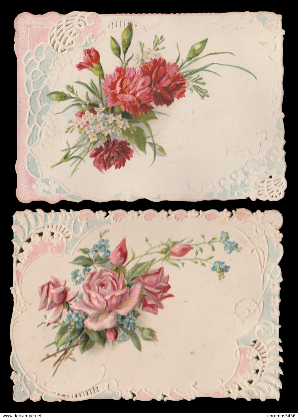 2 CHROMOS DECOUPIS Gaufrè - Cartes De Vœux - Roses Et Oeillets - 110x75 Mm - Fleurs