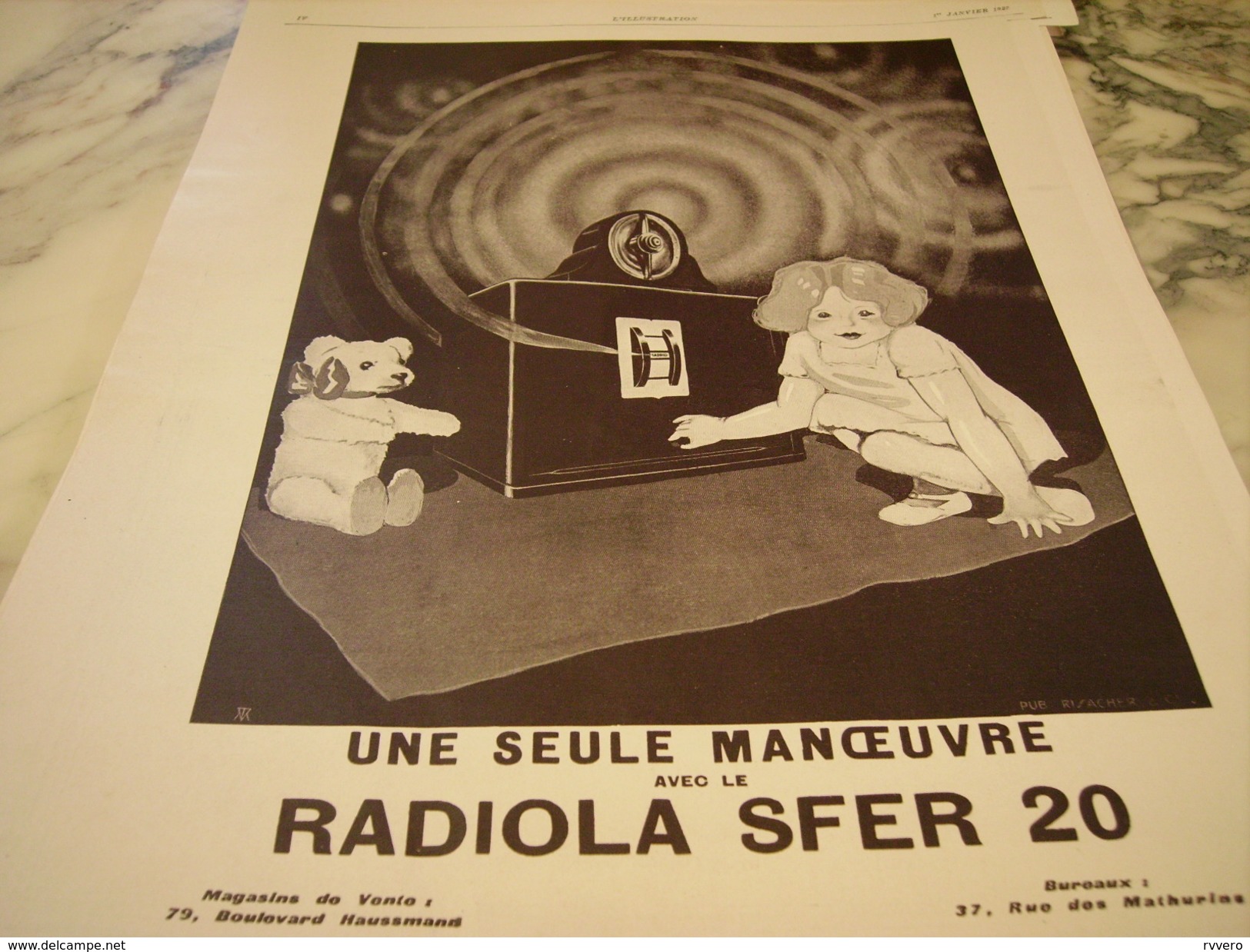 ANCIENNE PUBLICITE UNE SEULE MANOEUVRE  DE RADIOLA SFER20 1927 - Affiches & Posters