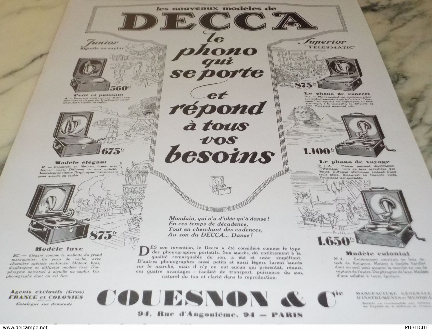 ANCIENNE PUBLICITE LE PHONO DE DECCA 1927 - Other & Unclassified