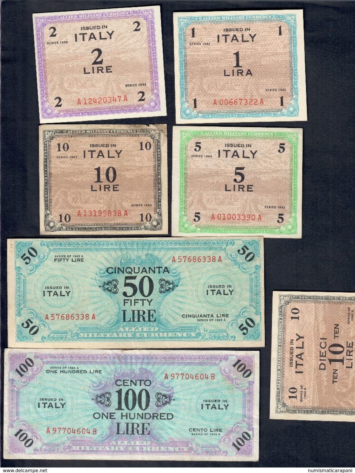 AM LIRE 1943 SERIE ITALIANA 1 + 2 + 5 + 10  + Bilingue 10 + 50 + 100 Da Bb A Q.fds LOTTO 217 - Allied Occupation WWII