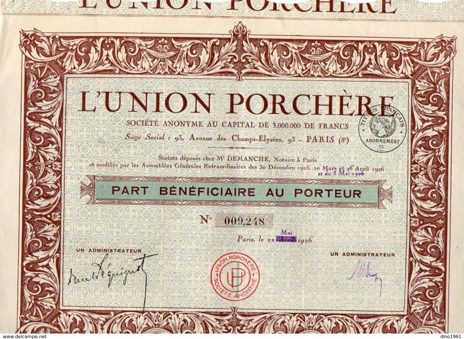 VP11.527 - Action - PARIS 1926 - L'Union Porchère - Agriculture