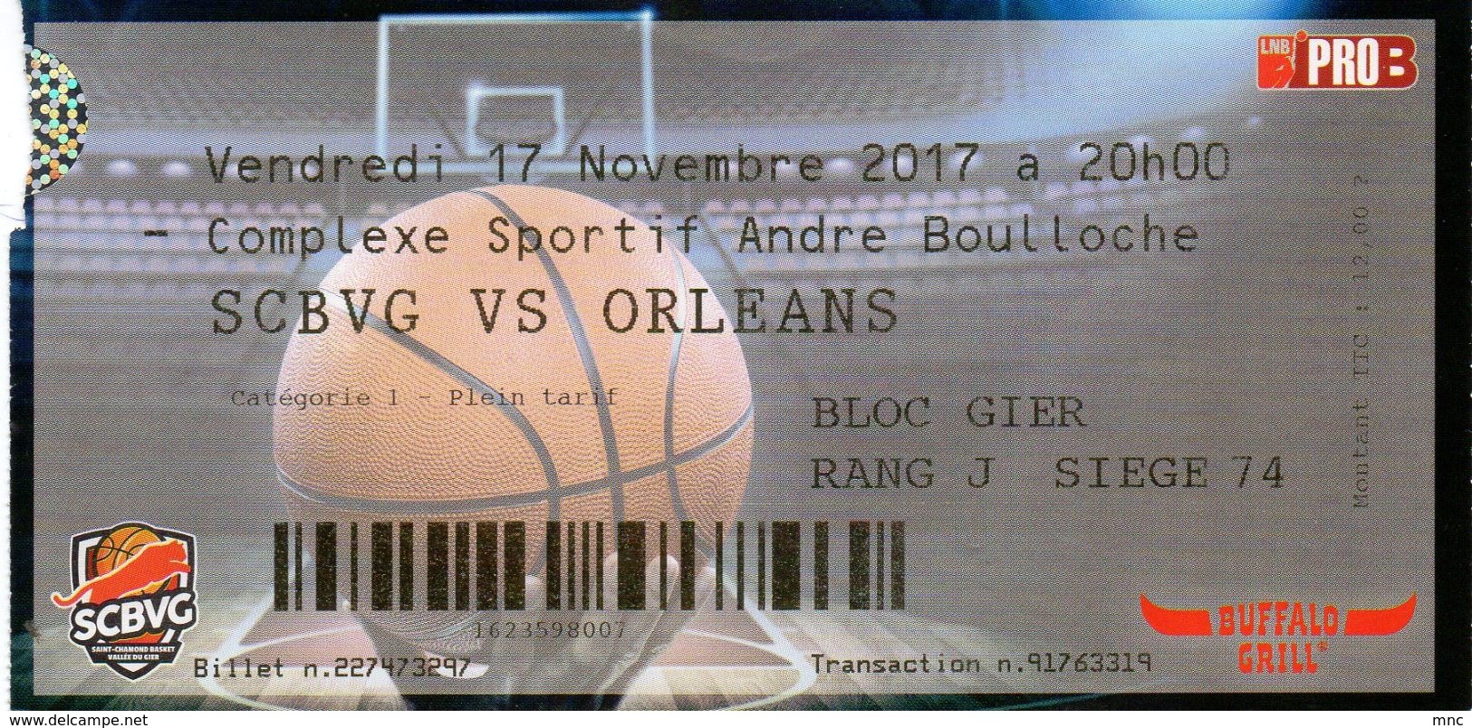 Billet Du Match De Pro B 2017/2018  6ème Journée ST CHAMOND / ORLEANS - Habillement, Souvenirs & Autres