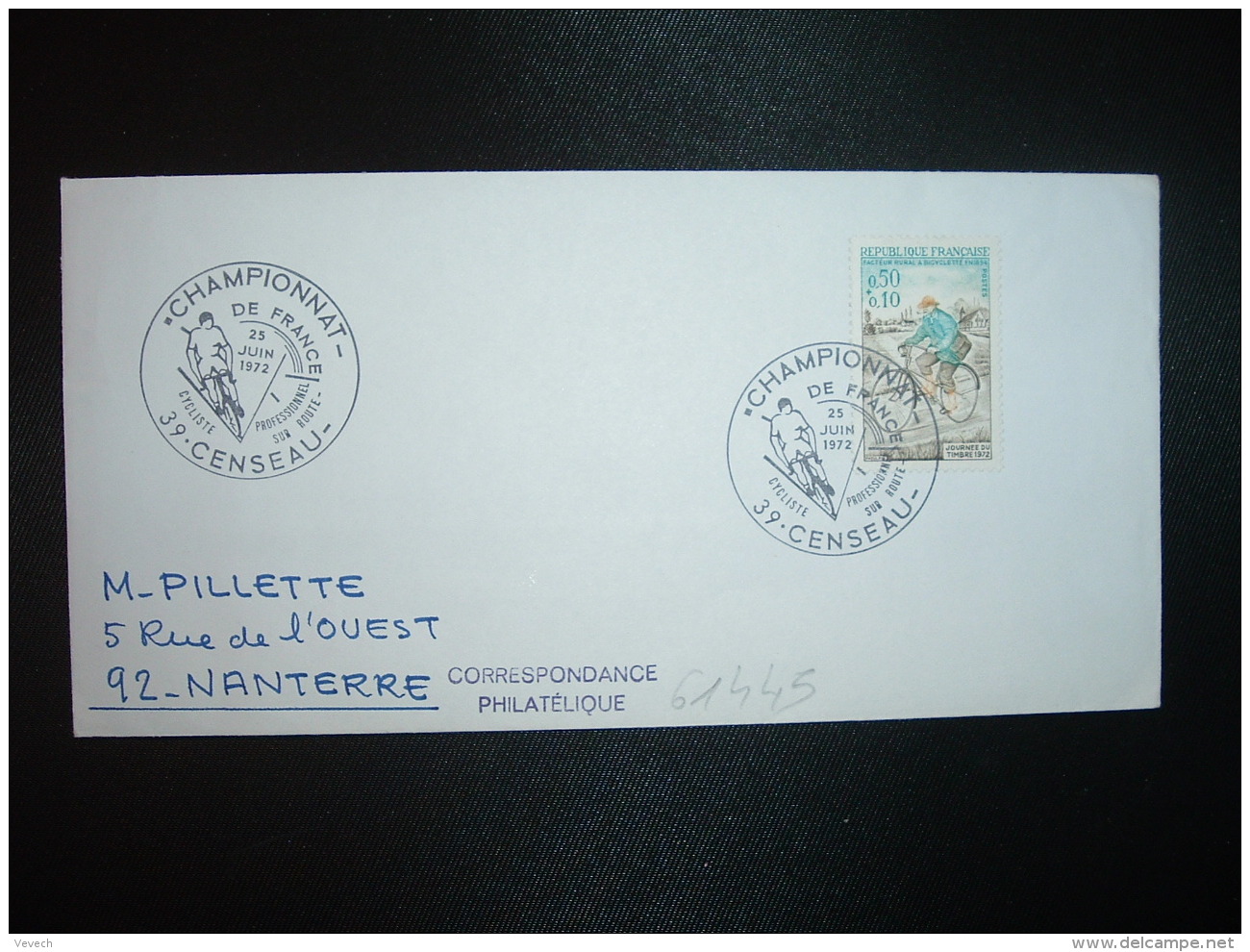 LETTRE TP FACTEUR 0,50+0,10 OBL.25 JUIN 1972 39 CENSEAU CHAMPIONNAT DE FRANCE CYCLISTE PROFESSIONNEL SUR ROUTE - Ciclismo