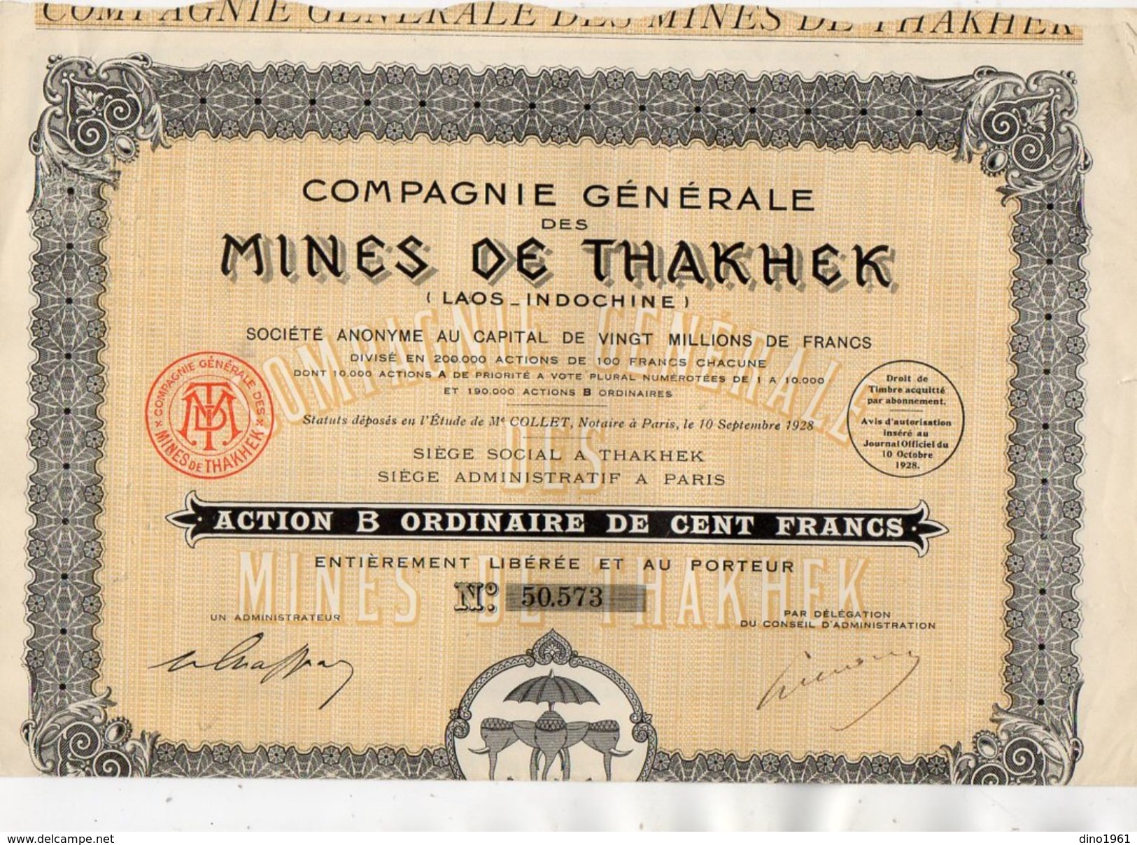 VP11.530 - Action - PARIS 1928 - Compagnie Générale Des Mines De THAKEK ( Laos - Indochine ) - Miniere