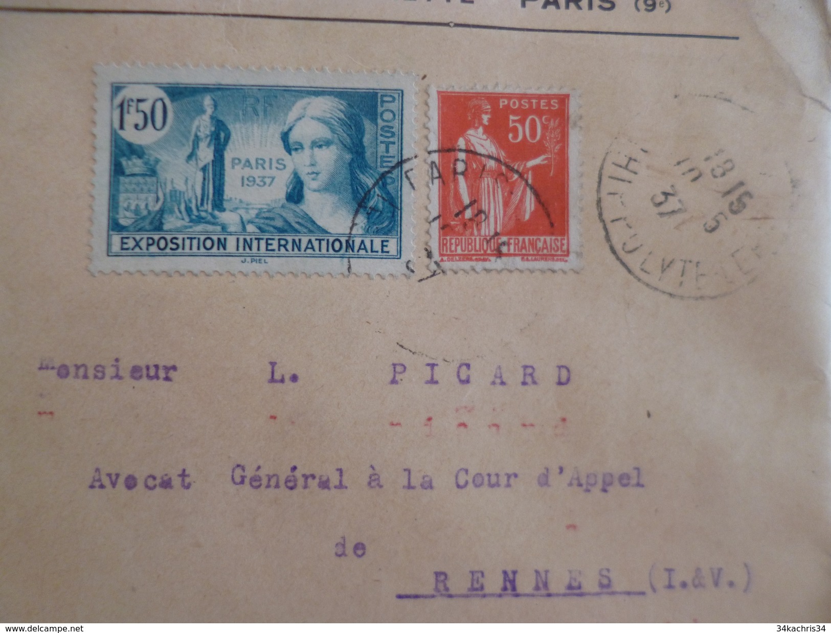 Lettre France En Recommandé Paris Pour Rennes Pub J.Htz Avec Vignette Exposition Philatélique 1937 2 TP Période 1937 - 1921-1960: Période Moderne