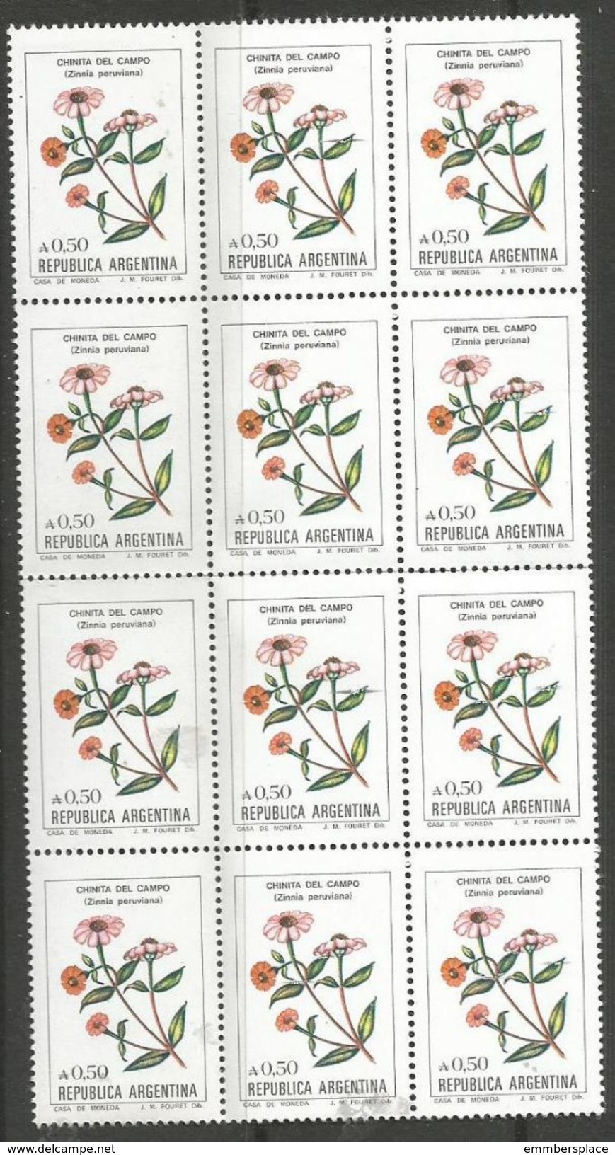 Argentina - 1985 Zinnia Block Of 12 MNH **   Sc1523 - Unused Stamps