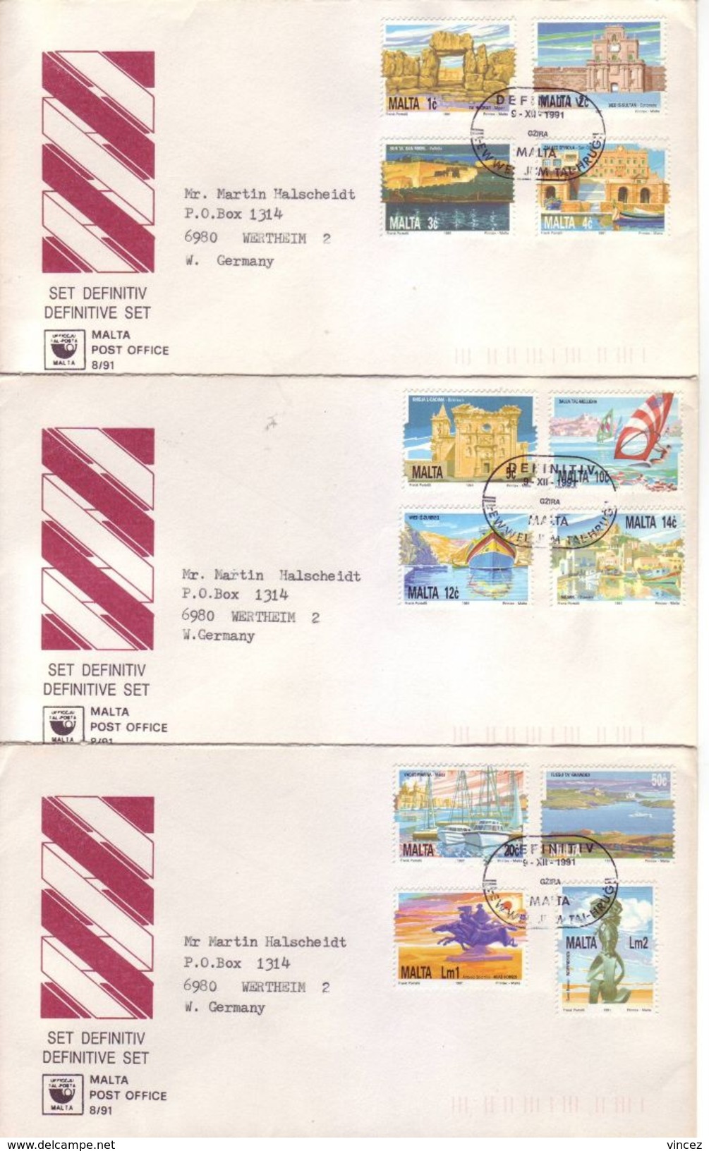 Malta 1991 - FDC Serie Ordinaria, 12v - Completa Su 3 Buste Con Annullo Speciale - Malta