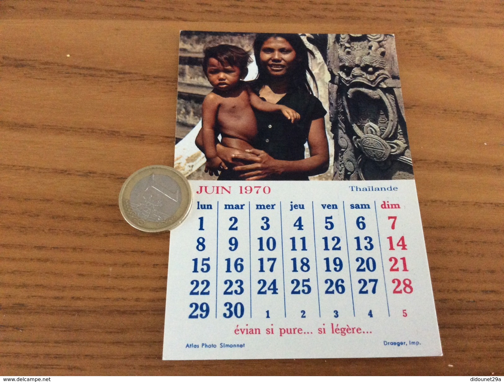 Calendrier 1970 (JUIN), Chromo évian « Thaïlande » - Petit Format : 1961-70