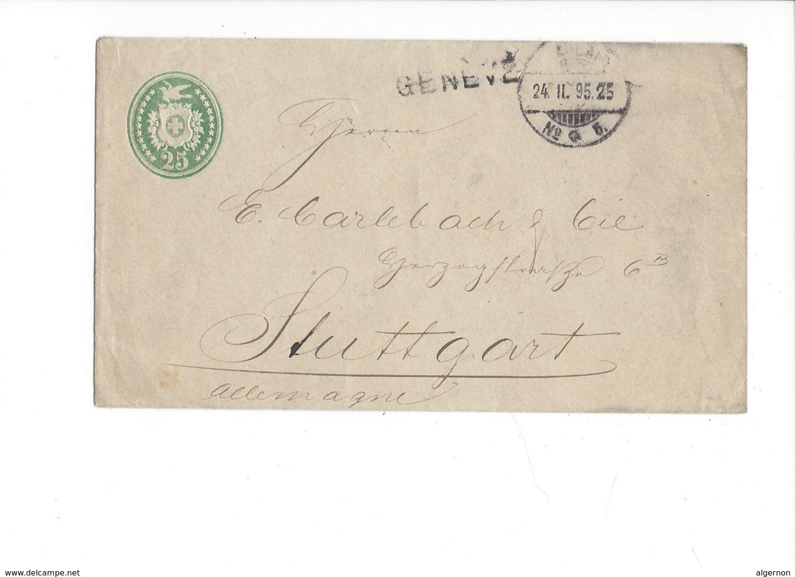 18183 - Entier Postal 25 Cent Vert Genève 24.02.1895 Pour Stuttgart - Entiers Postaux