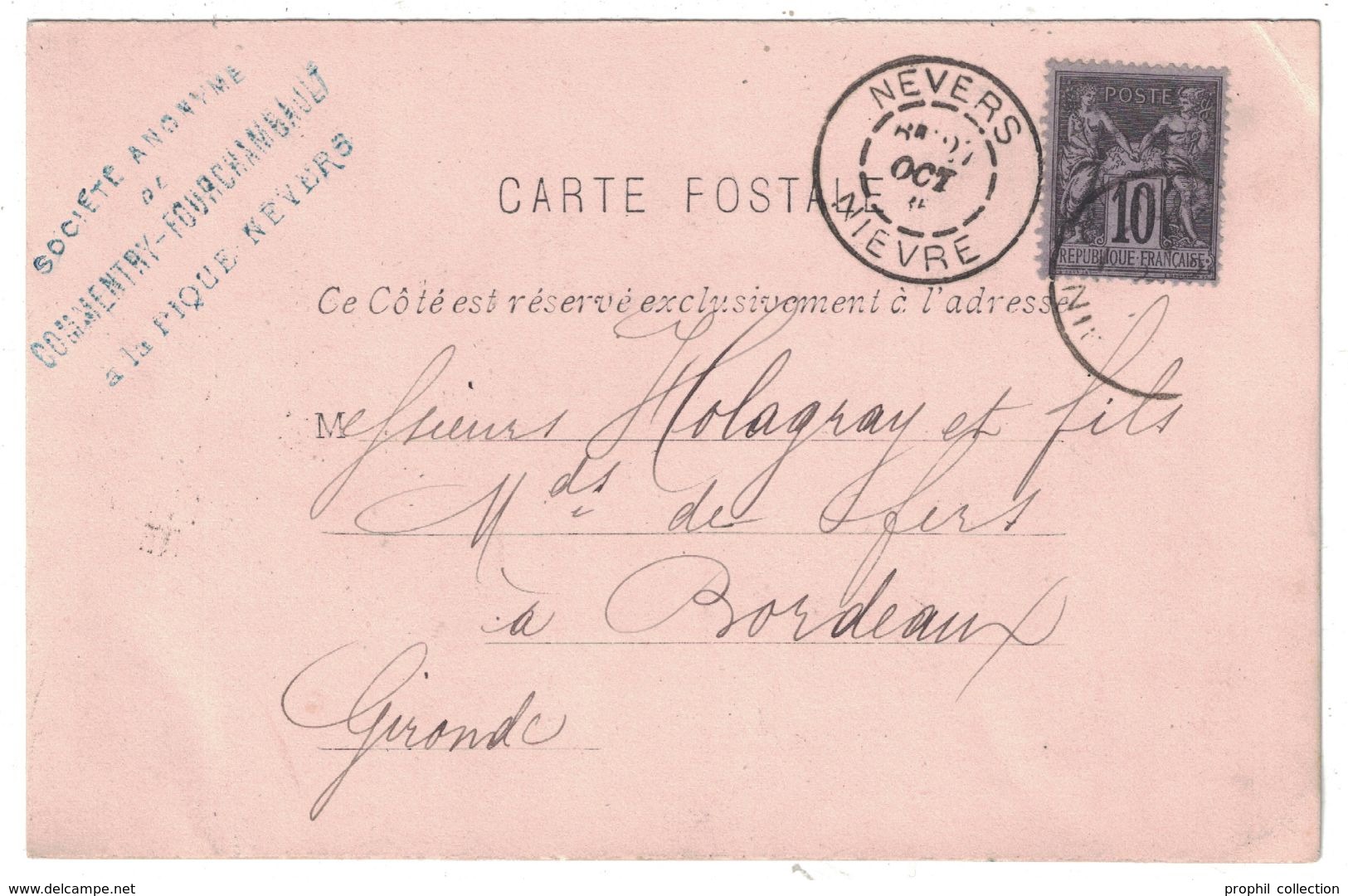 1885 - ENTIER CARTE POSTALE Avec REPIQUAGE PRIVÉ " SOCIÉTÉ De COMMENTRY-FOURCHAMBAULT " CAD NEVERS + AMBULANT - Postales  Transplantadas (antes 1995)