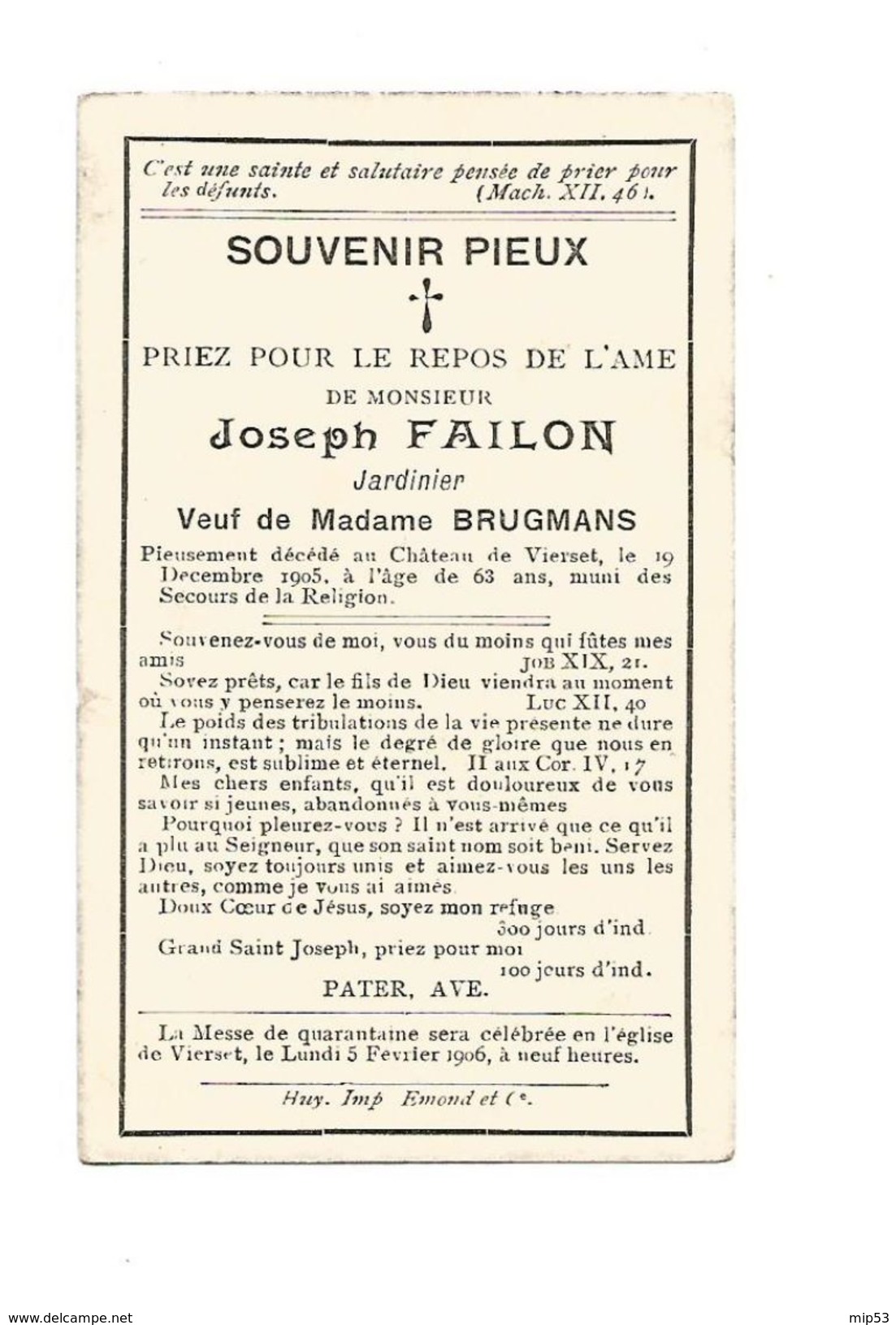 609. JOSEPH FAILON - Jardinier - + Château De VIERSET 1905 (63 Ans) - Devotion Images