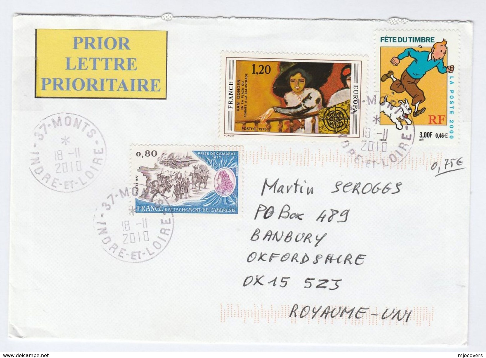 2010 Priority FRANCE COVER Stamps TIN TIN DOG Cartoon EUROPA Van DONGEN ART, CAMRAI To GB Dogs - Covers & Documents