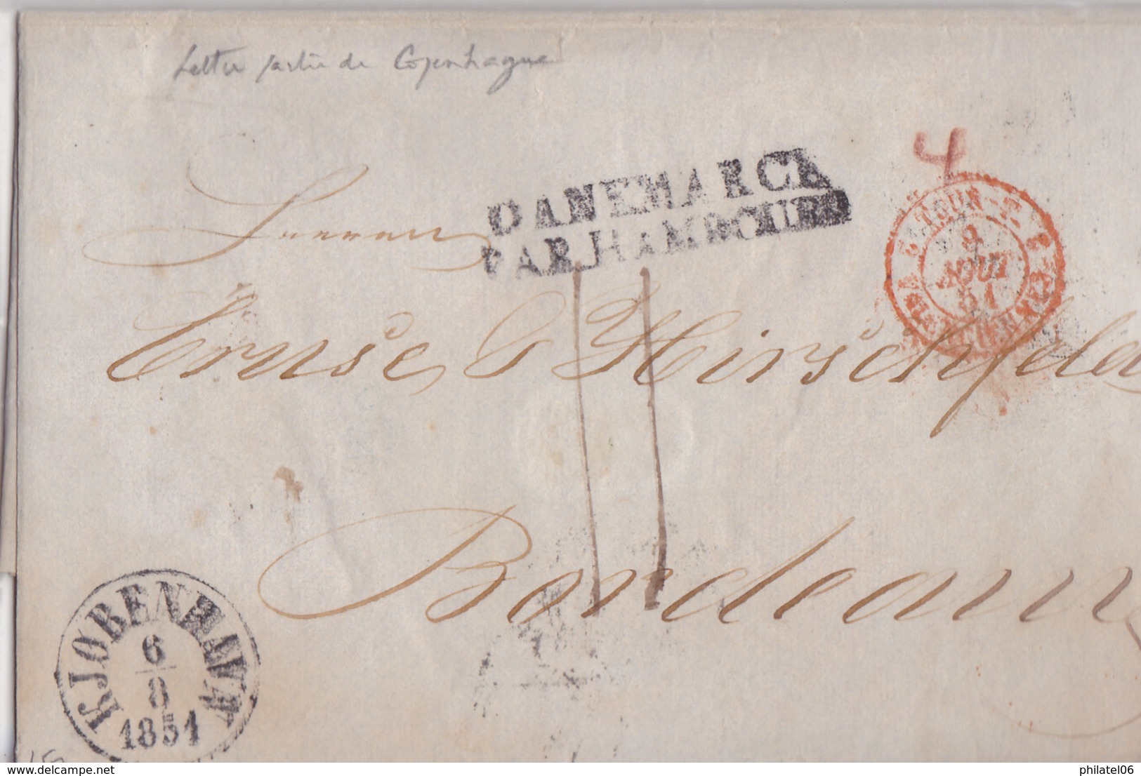 DANEMARK  LETTRE POUR LA FRANCE VIA HAMBOURG  AVEC CORRESPONDANCE  1851  INDICE 19 (380 EUROS) - ...-1851 Prefilatelia