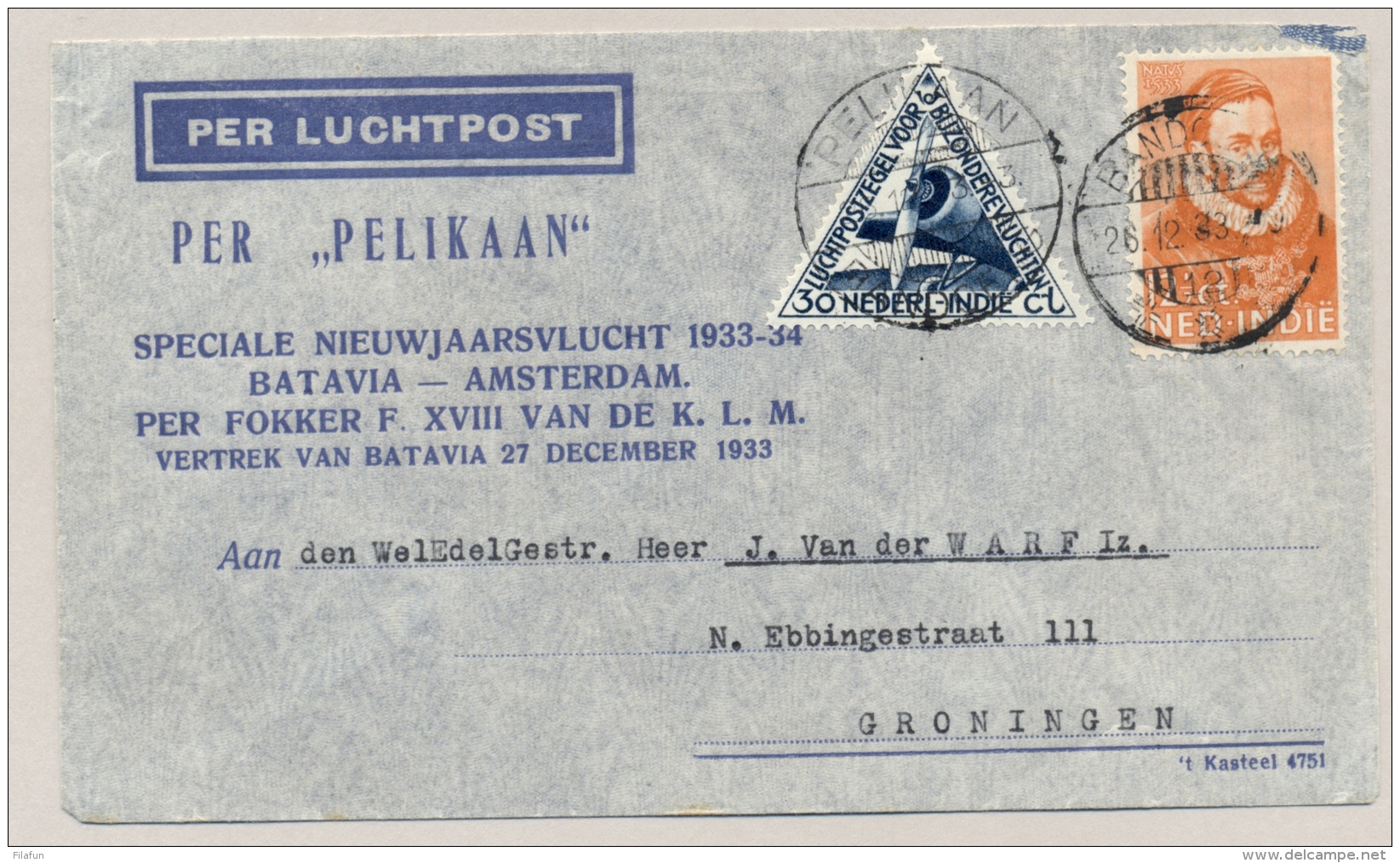 Nederlands Indië - 1933 - Pelikaanvlucht Met Sluitzegel Service Aerien Hebdomadaire Van Bandoeng/12 Naar Groningen / NL - Nederlands-Indië