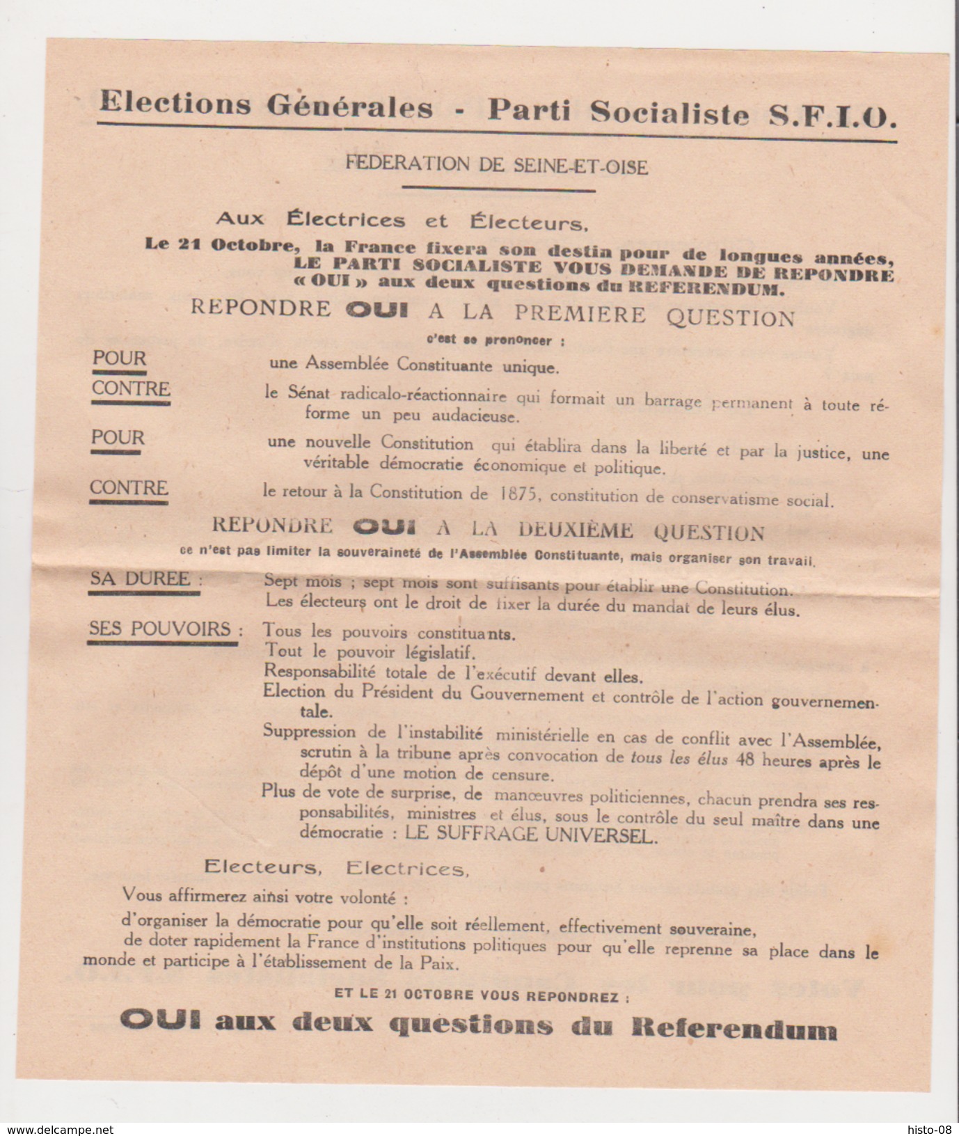 TRACT PARTI SOCIALISTE FRANCAIS  S.F.I.O. . REFERENDUM DU 21 OCTOBRE 1945 .  APRES GUERRE 1939 - 1945 . - Historische Dokumente