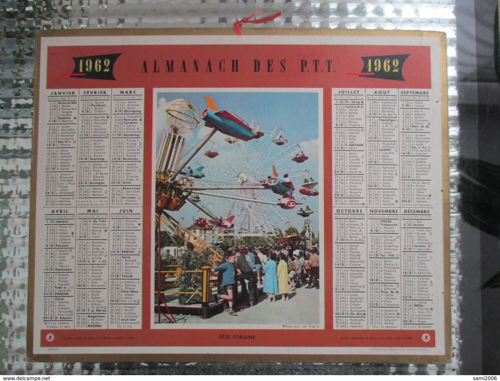 CALENDRIER ALMANACH DES P.T.T 1962 FETE FORAINE MANEGE - Grand Format : 1961-70