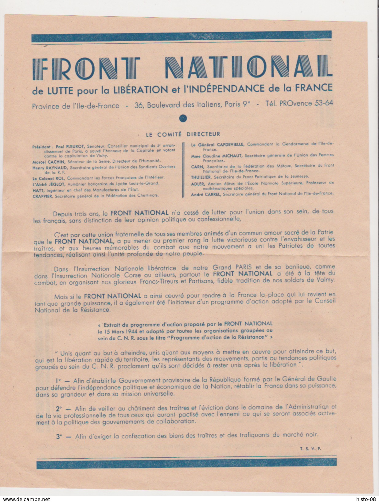 1944 : TRACT FRONT NATIONAL DE LUTTE POUR LA LIBERATION . COLONEL ROL - M CACHIN .  F.F.I.  Etc .. - Documents Historiques