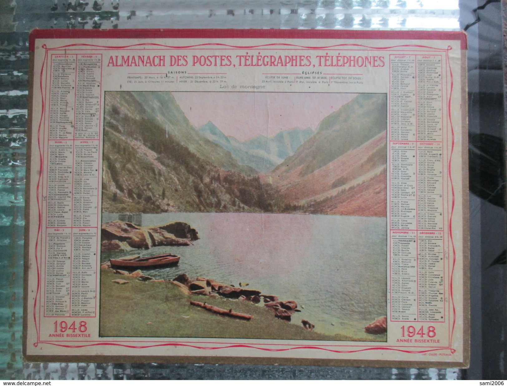 CALENDRIER ALMANACH DES POSTES TELEGRAPHES TELEPHONES 1948 ANNEE BISSEXTILE LAC MONTAGNE - Grand Format : 1941-60