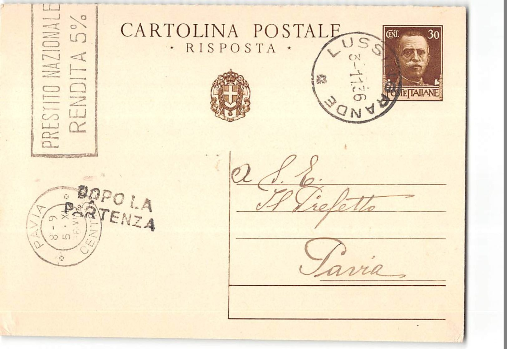 15580  CARTOLINA POSTALE 30CENT LUSSINGRANDE X PAVIA - Interi Postali