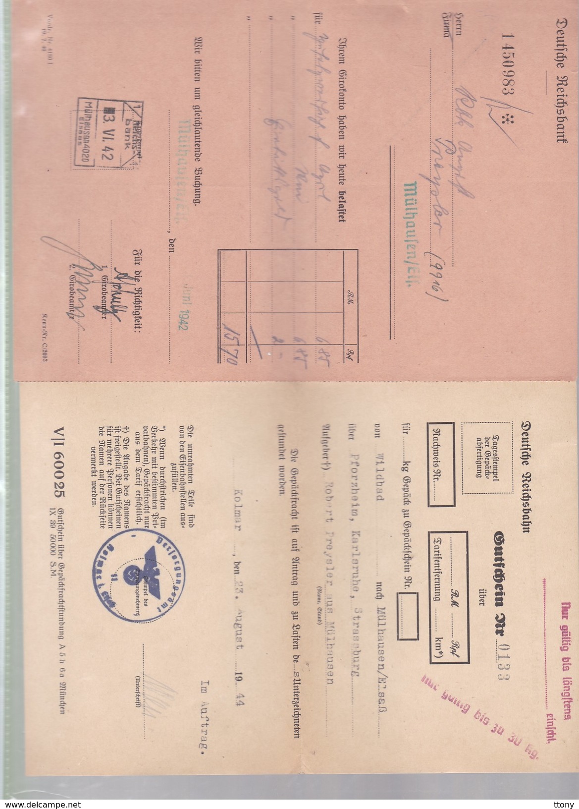 Deux    Documents   Banque :  1942 Et   1944  Reichsbank ( Occupation ) Alsace - Banque & Assurance