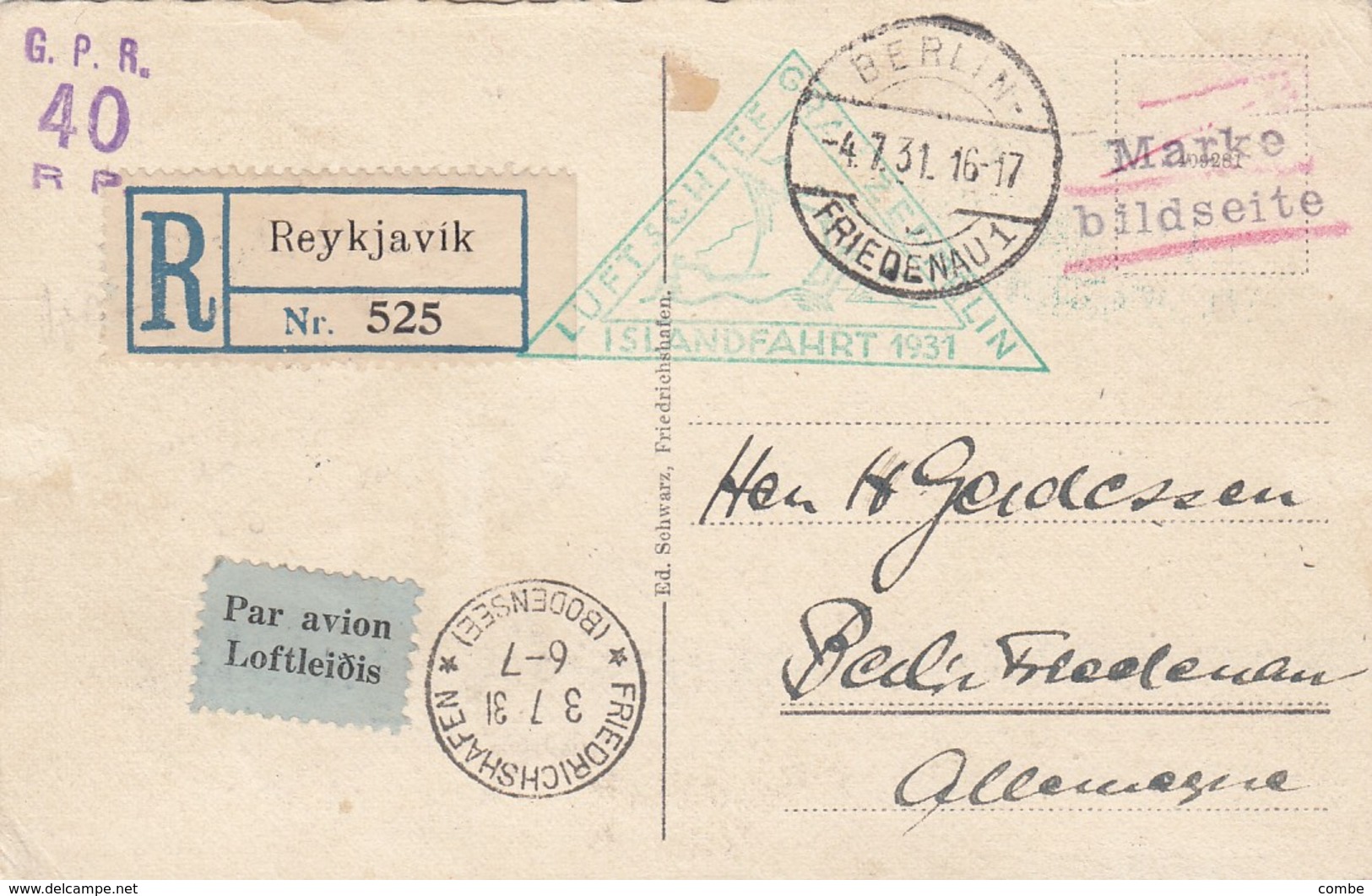 ZEPPELIN ISLAND. 3.7.31. REGISTERED POSTCARD REYKJAVIK TO BERLIN. LUFTSCHIFF GRAF ZEPPELIN - Brieven En Documenten