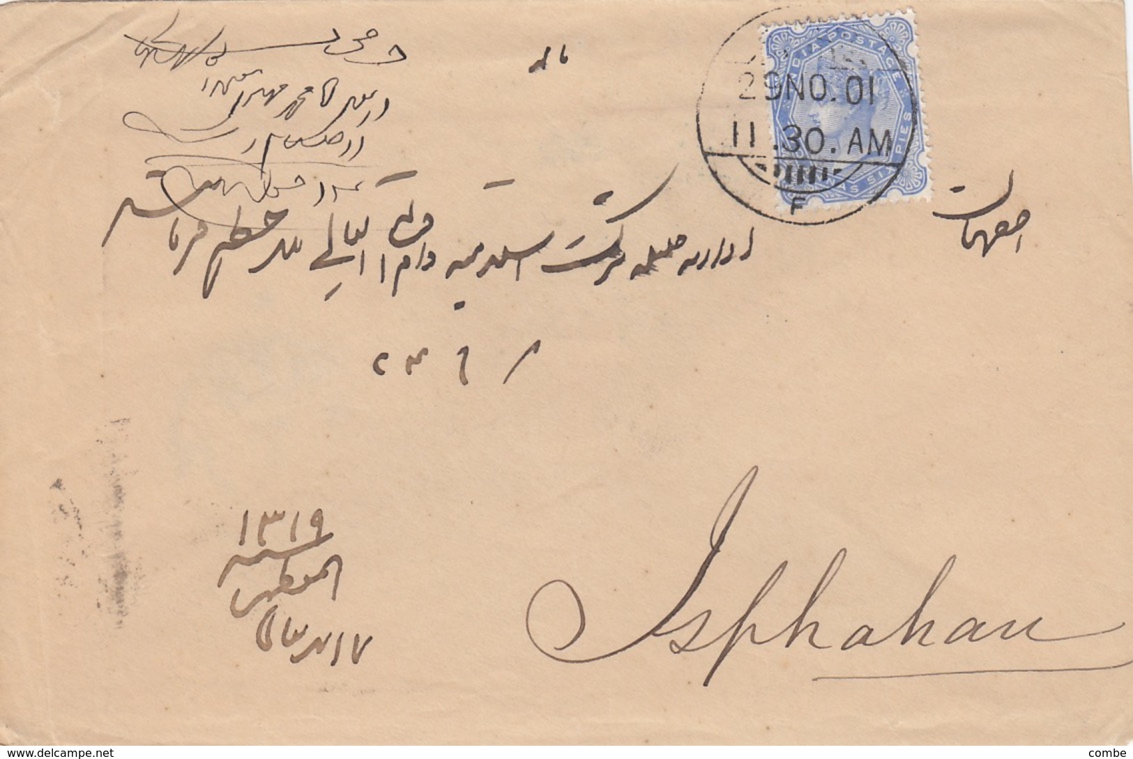 COVER INDIA. 1901. Yv 56 TWO ANNAS SIX PIES.  BOMBAY TO ISPHAHAN IRAN - 1882-1901 Empire