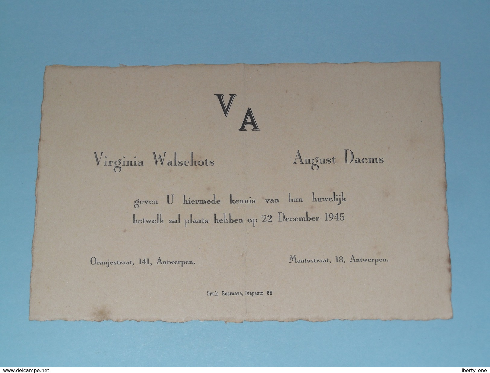 Virginia WALSCHOTS & August DAEMS - 22 Dec. 1945 - ANTWERPEN ( Zie Foto's Voor Detail )! - Huwelijksaankondigingen