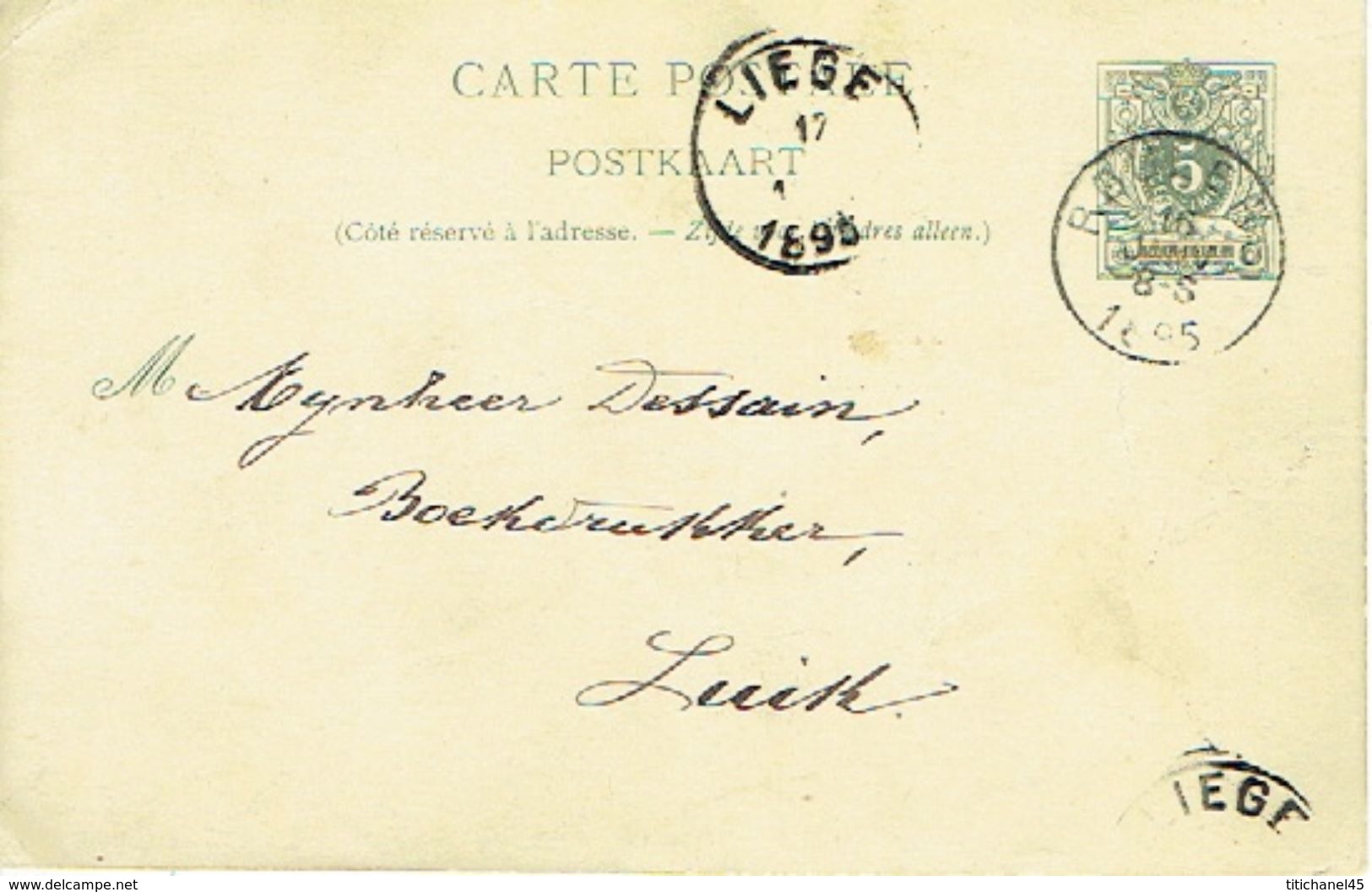 Entier Postal Lion Couché  ROULERS 1895 Vers LIEGE Signé Sylvie STOCK Pour STOCK SOEURS ROUSSELARE - Tarjetas 1871-1909