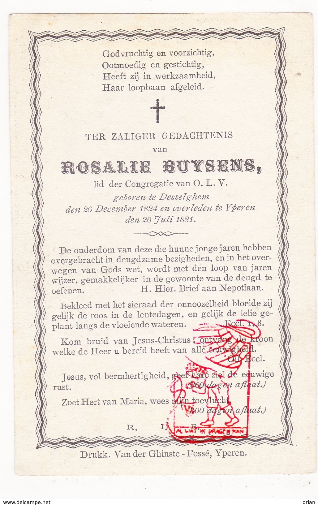 DP Rosalie Buysens ° Desselgem Waregem 1824 † Ieper 1881 - Images Religieuses