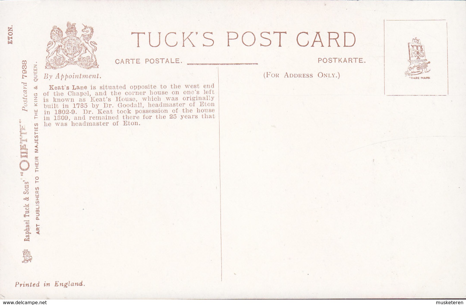 United Kingdom PPC Keat's Lane, Eton Charles E. Flower TUCK's 'Oilette'  (2 Scans) - Altri & Non Classificati