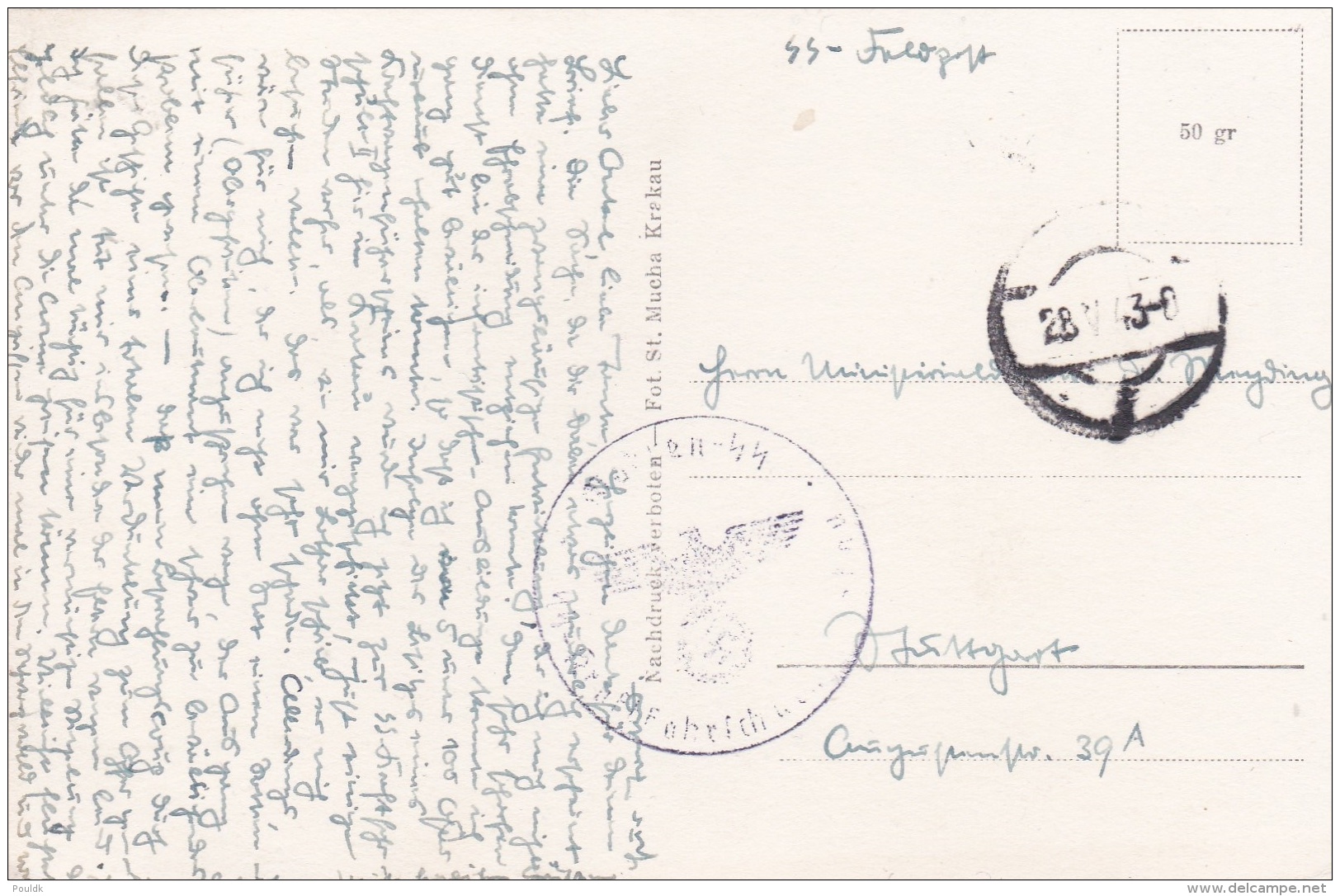 SS Feldpost WW2: Postcard Krkau, Institut Für Deutsche Ostarbeit From A SS Reit- Und Fahrschule Krakau P/m 28.5.1943  (D - 1. Weltkrieg