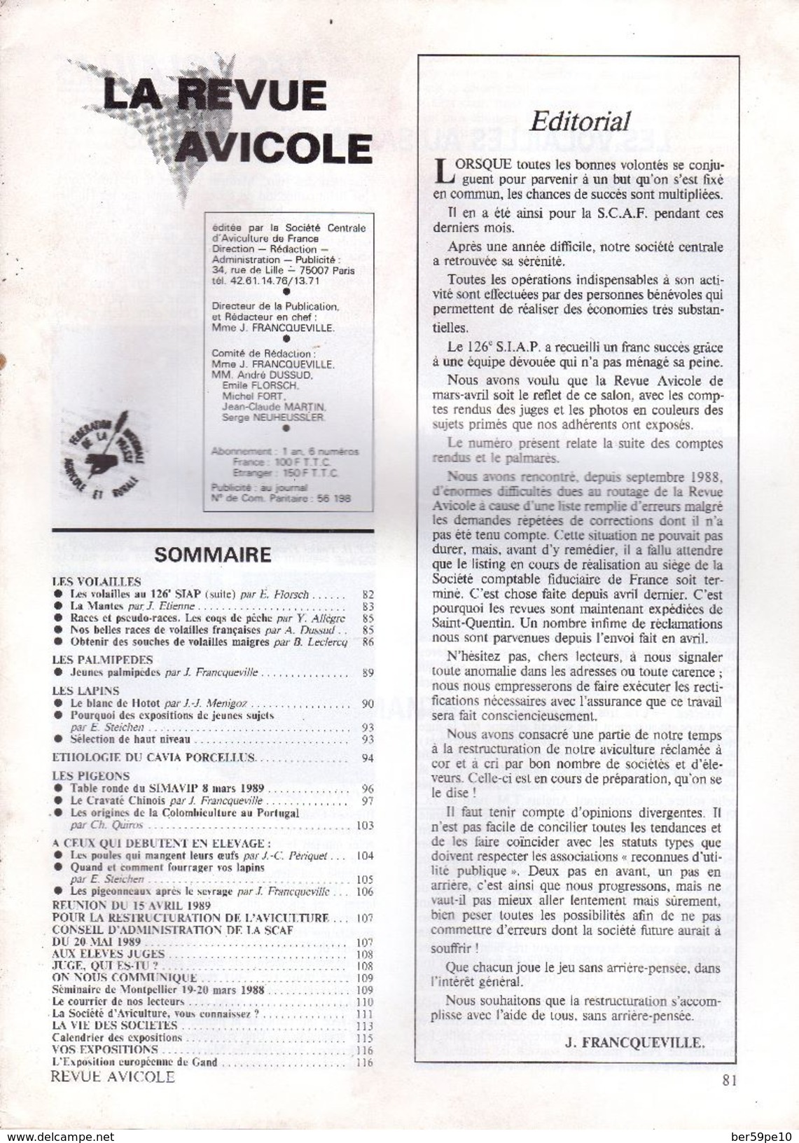 LA REVUE AVICOLE INFORMATIONS AVICOLES CUNICOLES ET COLOMBICOLES No 3  JUIN 1989 - Tierwelt