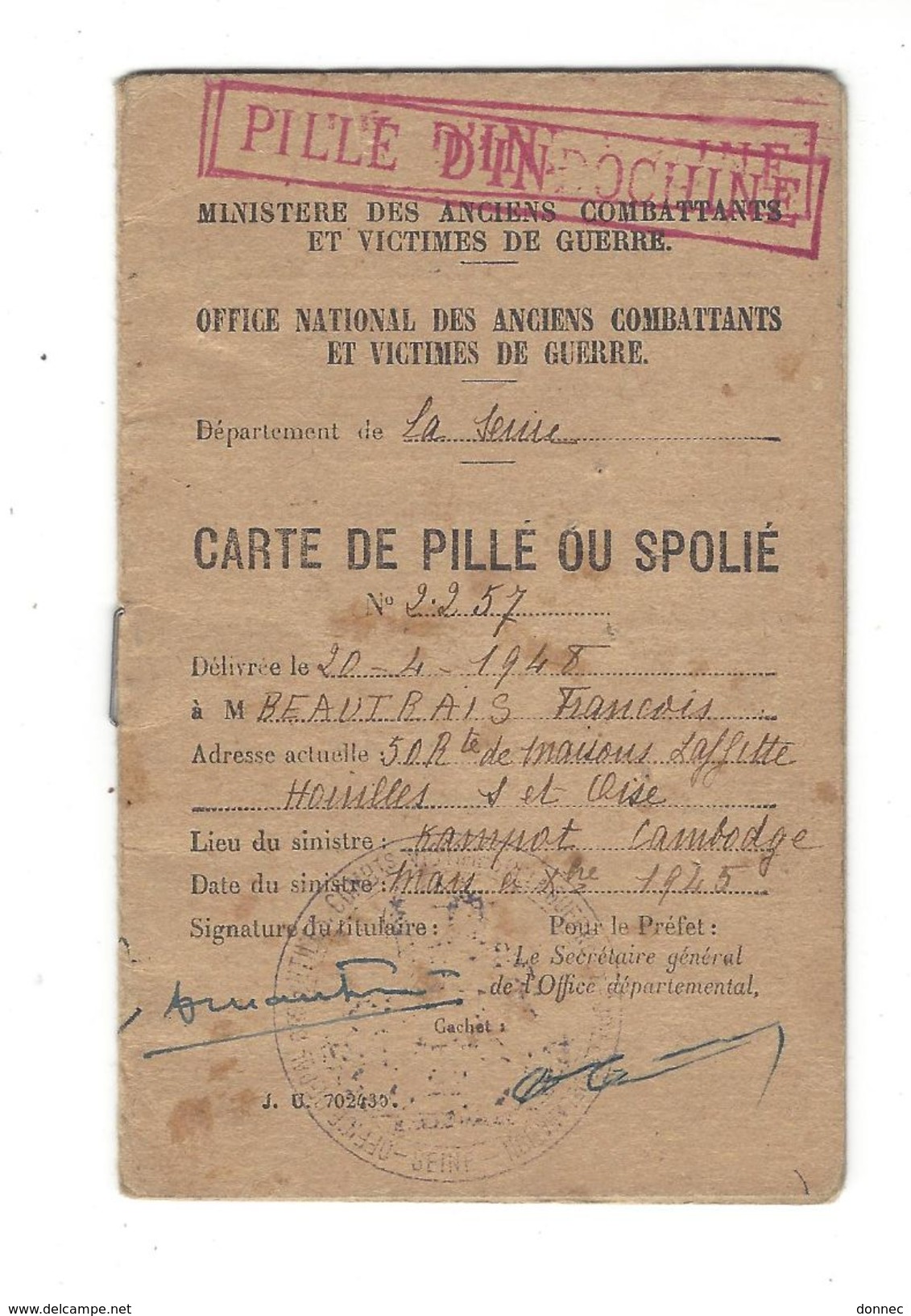 Carte Pillé Ou Spolié  Tampon " Pillé D'Indochine "  Kampot Cambodge 1945 - Autres & Non Classés