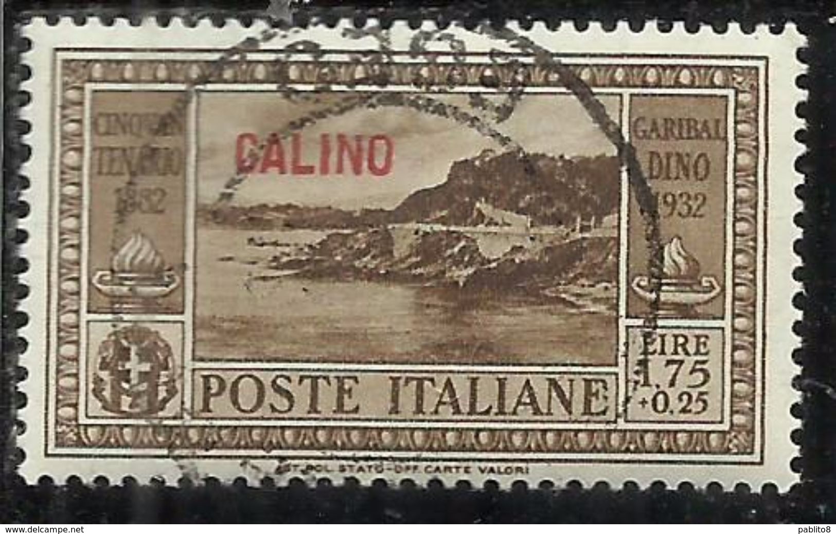 COLONIE ITALIANE EGEO 1932 CALINO GARIBALDI LIRE 1,75 + CENT. 25 USATO USED OBLITERE' - Egée (Calino)