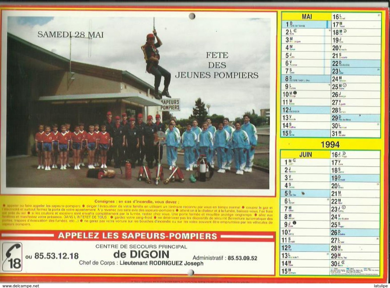 Calendrier Des  Sapeurs'Pompiers G-F  1994  De DIGOIN Saone Et Loire 71_(Fete Des Jeunes Pompiers) - Big : 1991-00