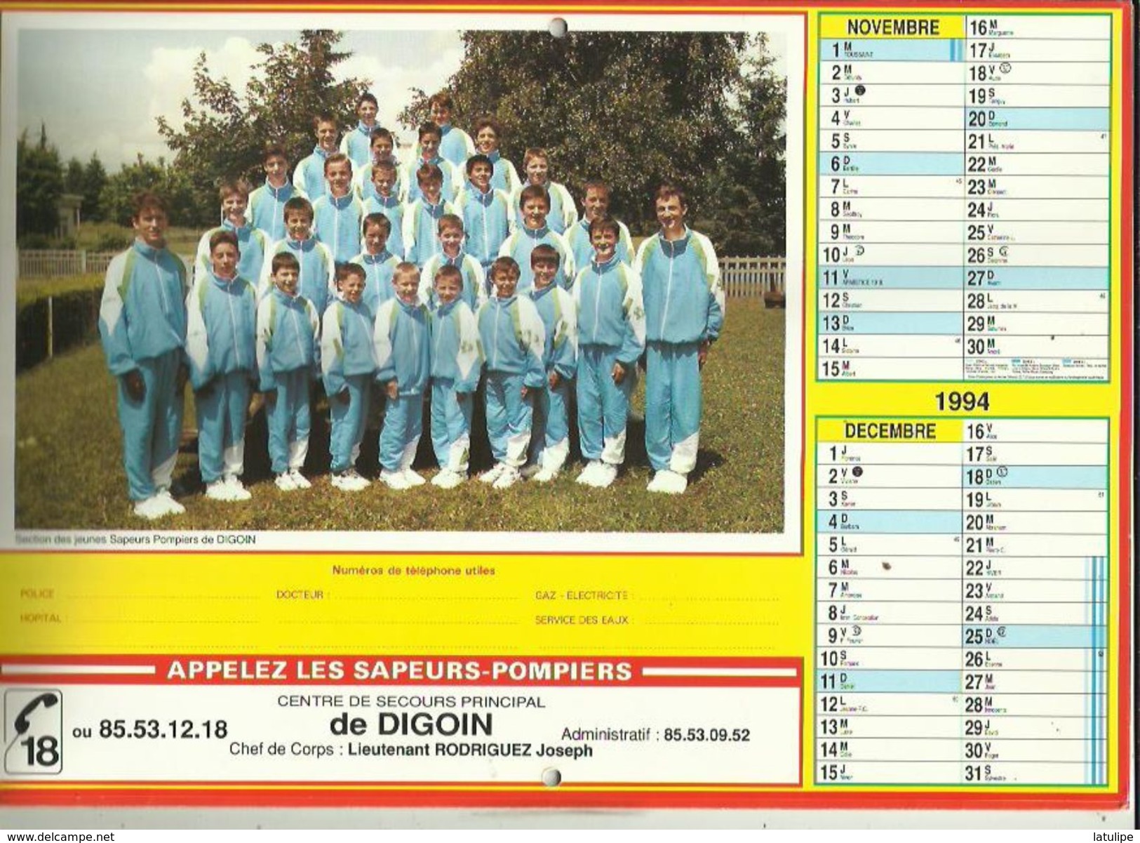 Calendrier Des  Sapeurs'Pompiers G-F  1994  De DIGOIN Saone Et Loire 71_(Fete Des Jeunes Pompiers) - Big : 1991-00