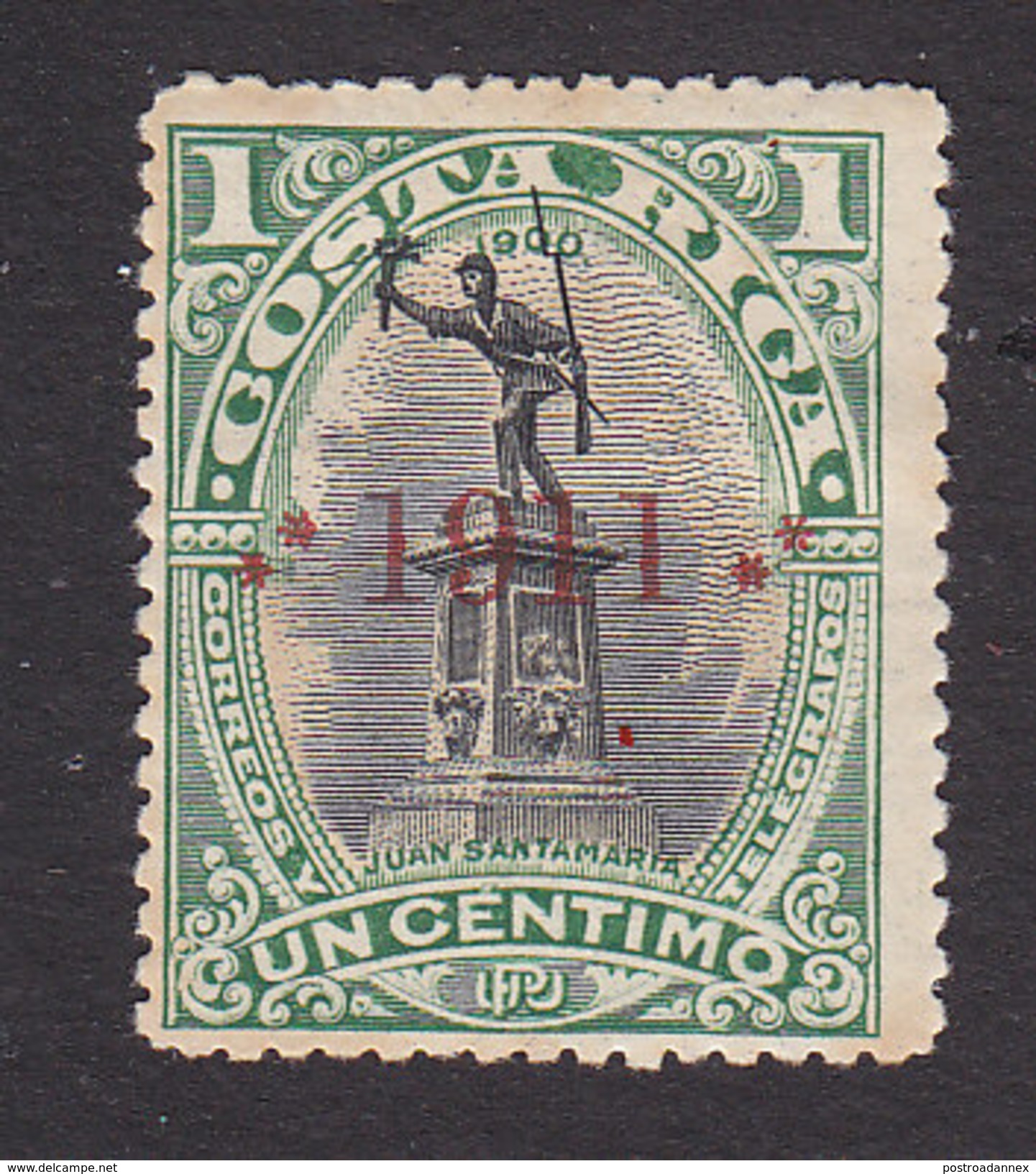 Costa Rica, Scott #78, Mint Hinged, Statue Of Juan Santamaria Overpritned, Issued 1911 - Costa Rica