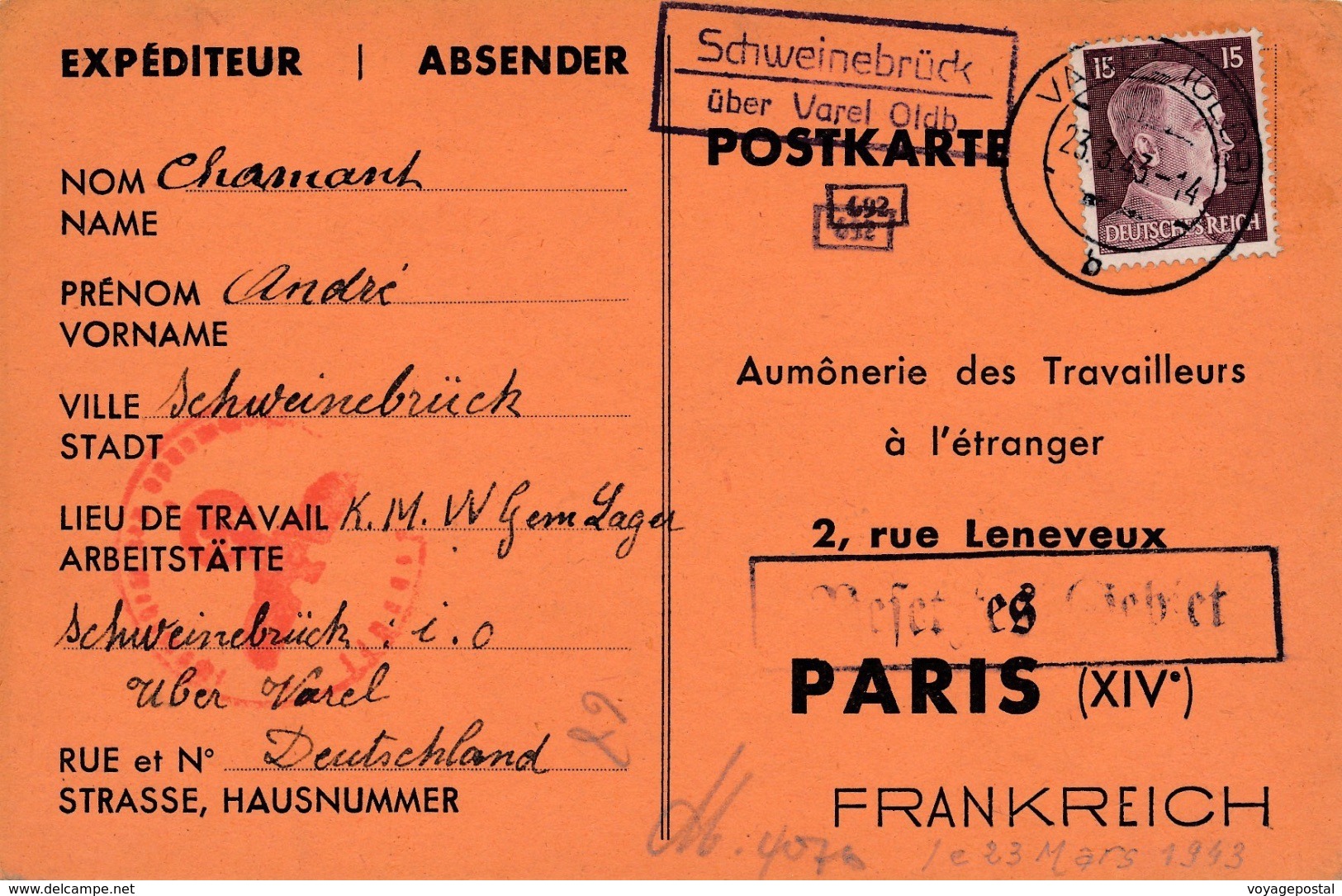 Carte Varel Oldb Cachet Schweinebruch WWII Censure Zone Occupée - Lettres & Documents