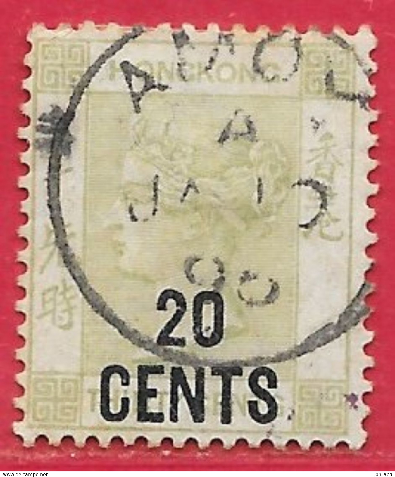 Hong Kong N°54 20c Sur 30c Vert-gris (filigrane CA) 1885-90 (10 JA 96) O - Used Stamps