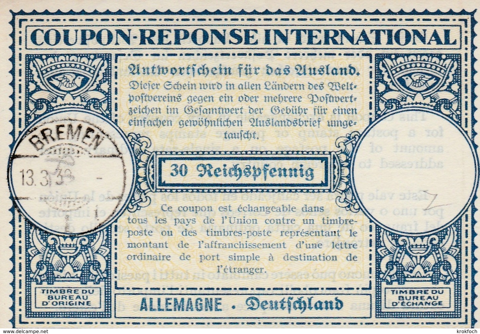 Coupon-réponse Allemagne 30 Reichspfennig - Bremen 1939 - Type Lo 12  - Vale-respuesta CRI IRC IAS - Autres & Non Classés