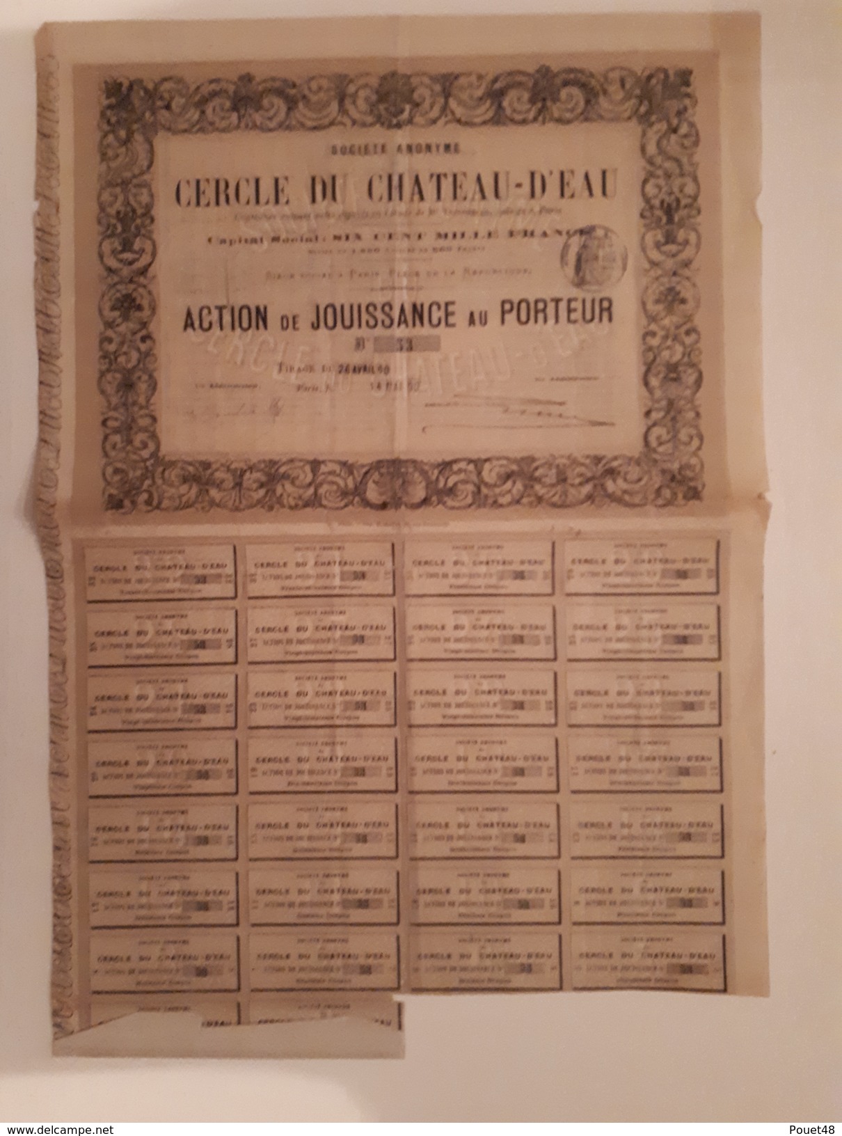 ACTION: CERCLE DU CHATEAU -D'EAU: 1890 - Eau