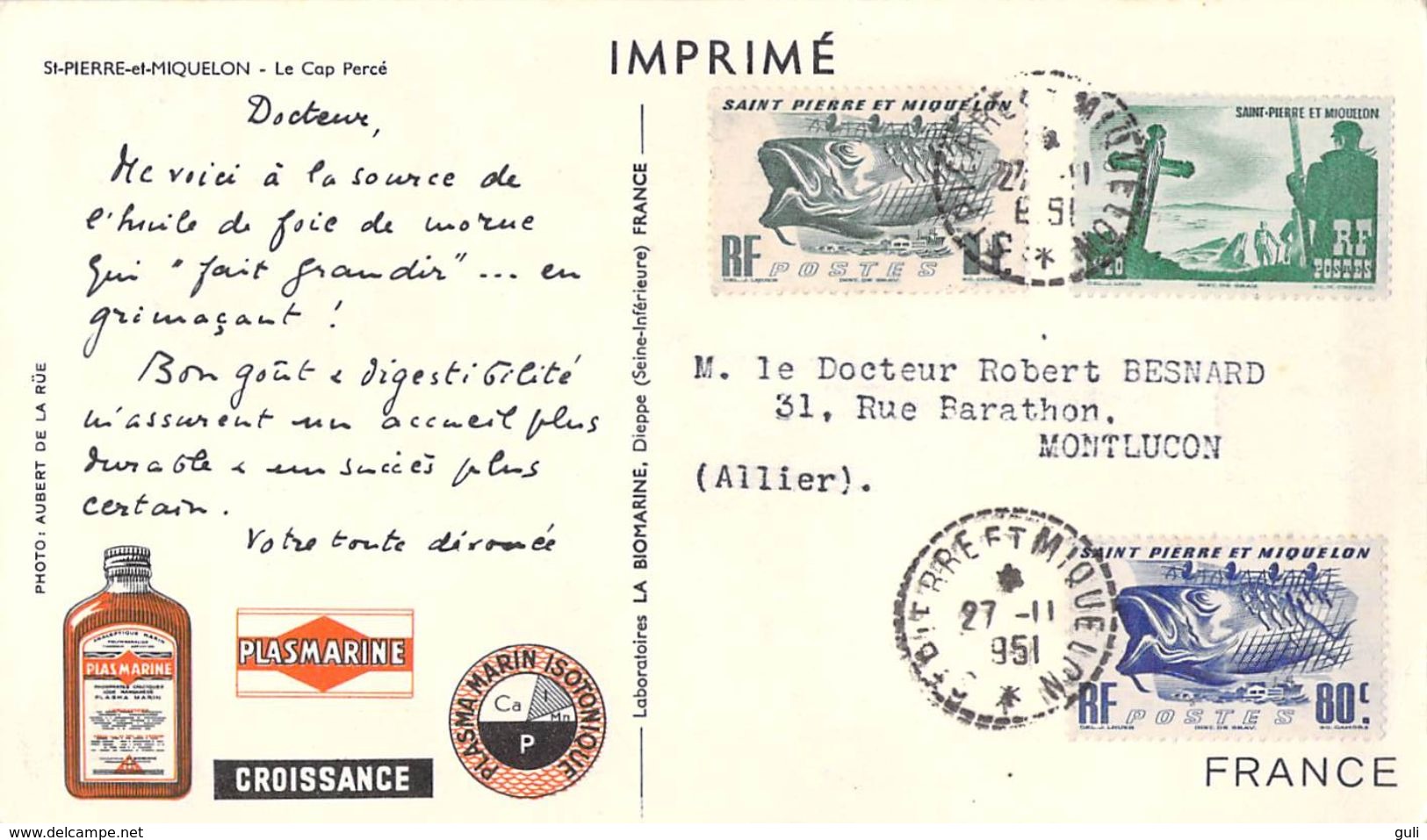 PUB BIOMARINE SAINT-PIERRE-ET-MIQUELON  Le Cap Percé (Philatélie Timbre Stamp  Saint-Pierre-et-Miquelon  Cachet 1953) - Saint-Pierre-et-Miquelon