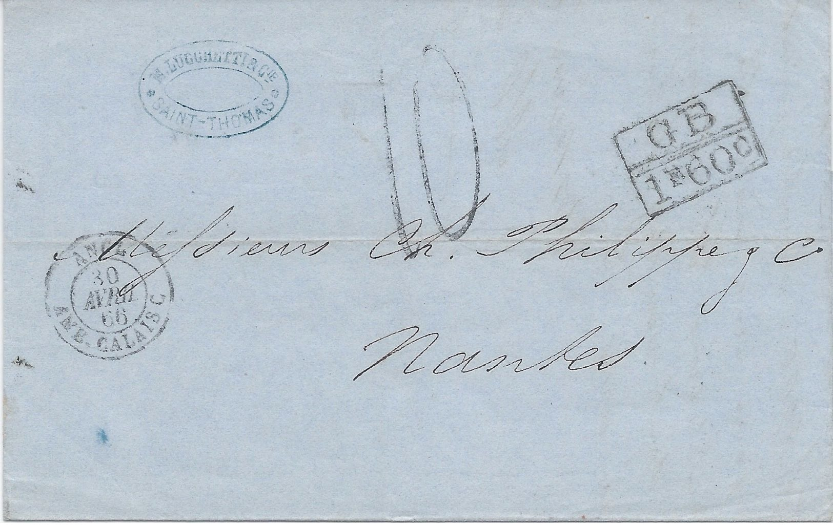 Danish West Indies, 1866 Stampless Cover With 7 Postal Markings, Sent From St. Thomas To Nantes, France, VF - Danish West Indies