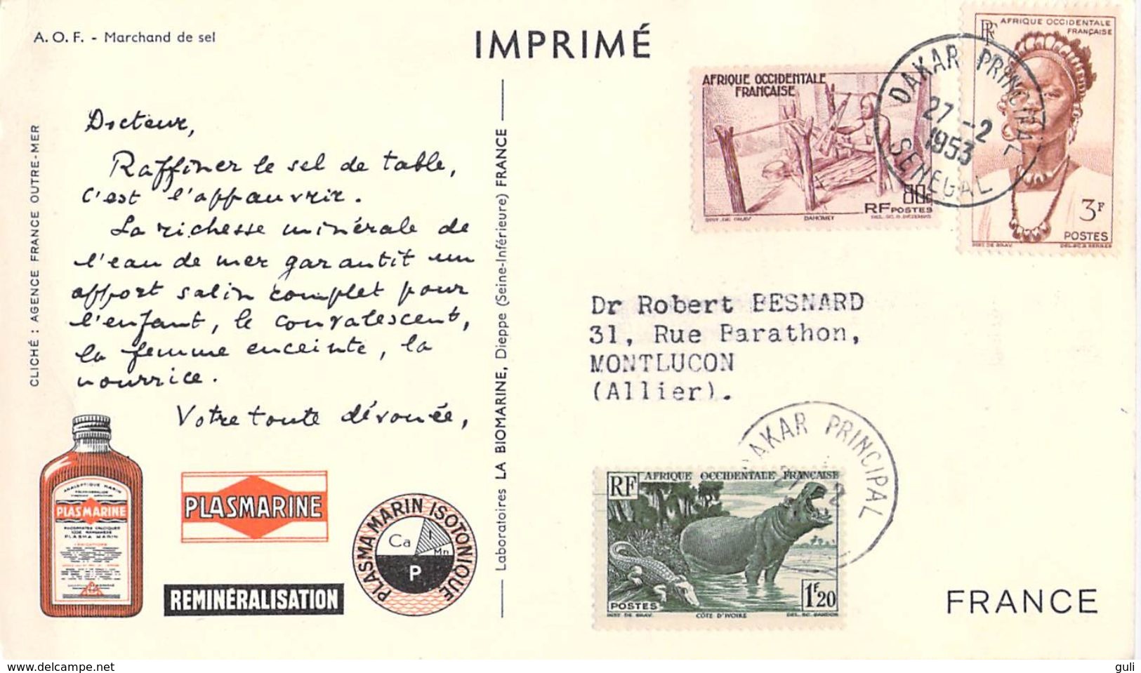 PUB BIOMARINE Sénégal A.O.F Marchand De Sel  (Philatélie Timbre Stamp AFRIQUE OCCIDENTALE FRANCAISE Cachet Dakar 1953 ) - Senegal