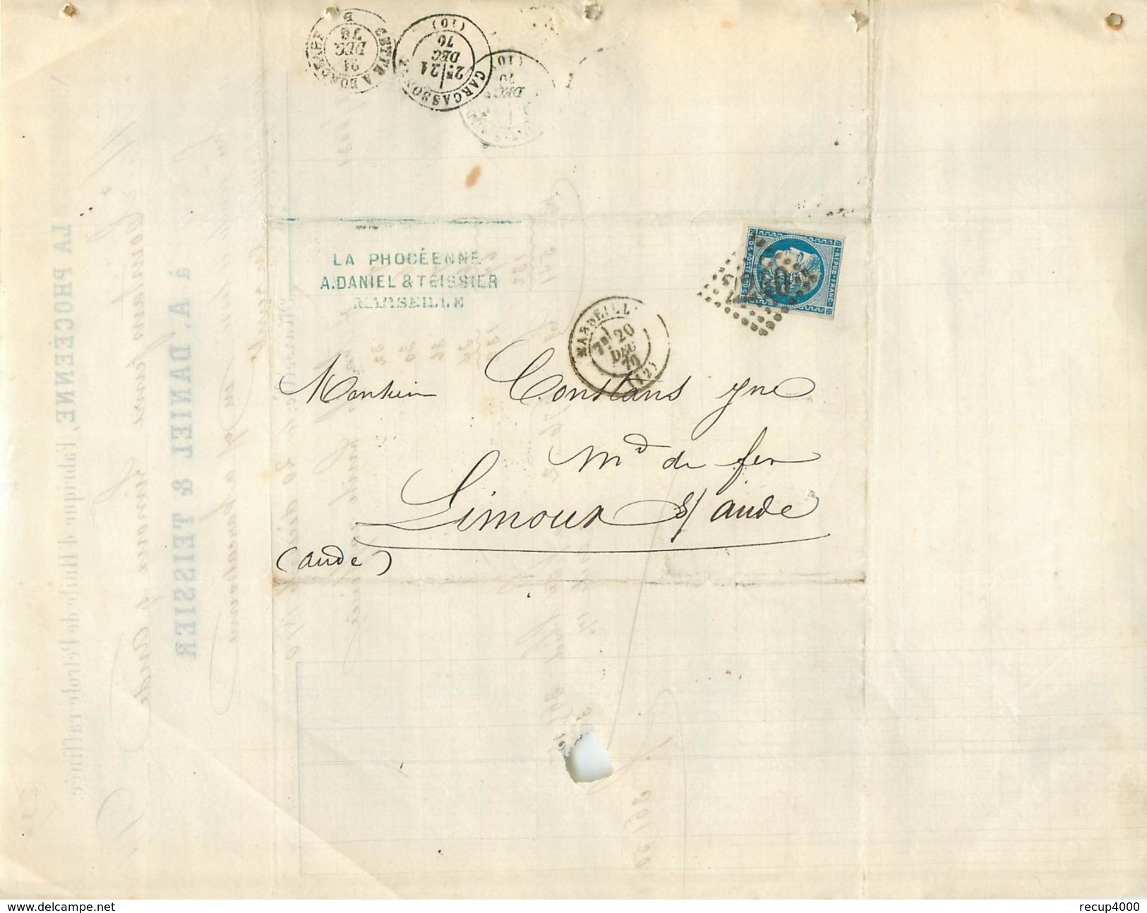 LETTRE Cérès 20c Bleu émission De Bordeaux De Marsielle à Limoux Ambulant 1870 2 Scans - 1849-1876: Classic Period