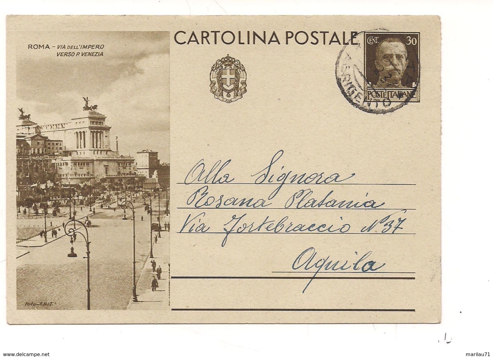 7439 REGNO TURISTICA ROMA VIA IMPERO 30C 2^ TIRATURA  USATO LICATA 3-2-1937 - Interi Postali