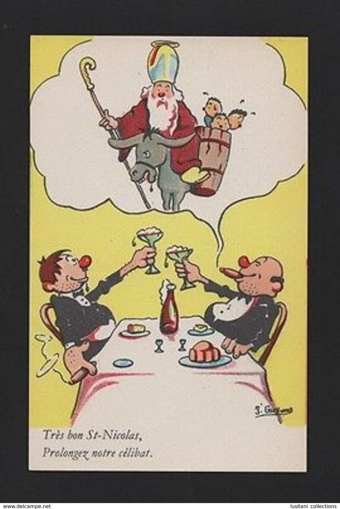 1950sORIGINAL COMIC ART POSTCARD HUMOR FRANCE FAT MENS & ST NICHOLAS & Donkey Z1 - Comics