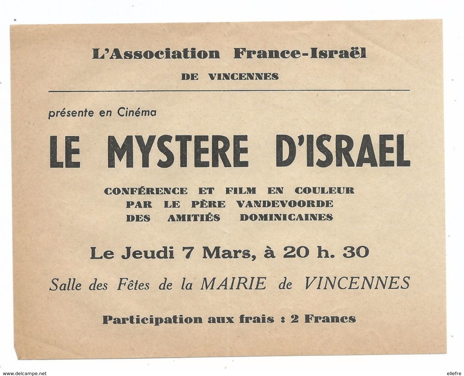 Vincennes 94 Association France Israël : Bon D’information Séance De Cinéma Documentaire Le Mystère D' Israël à Dater - Non Classificati
