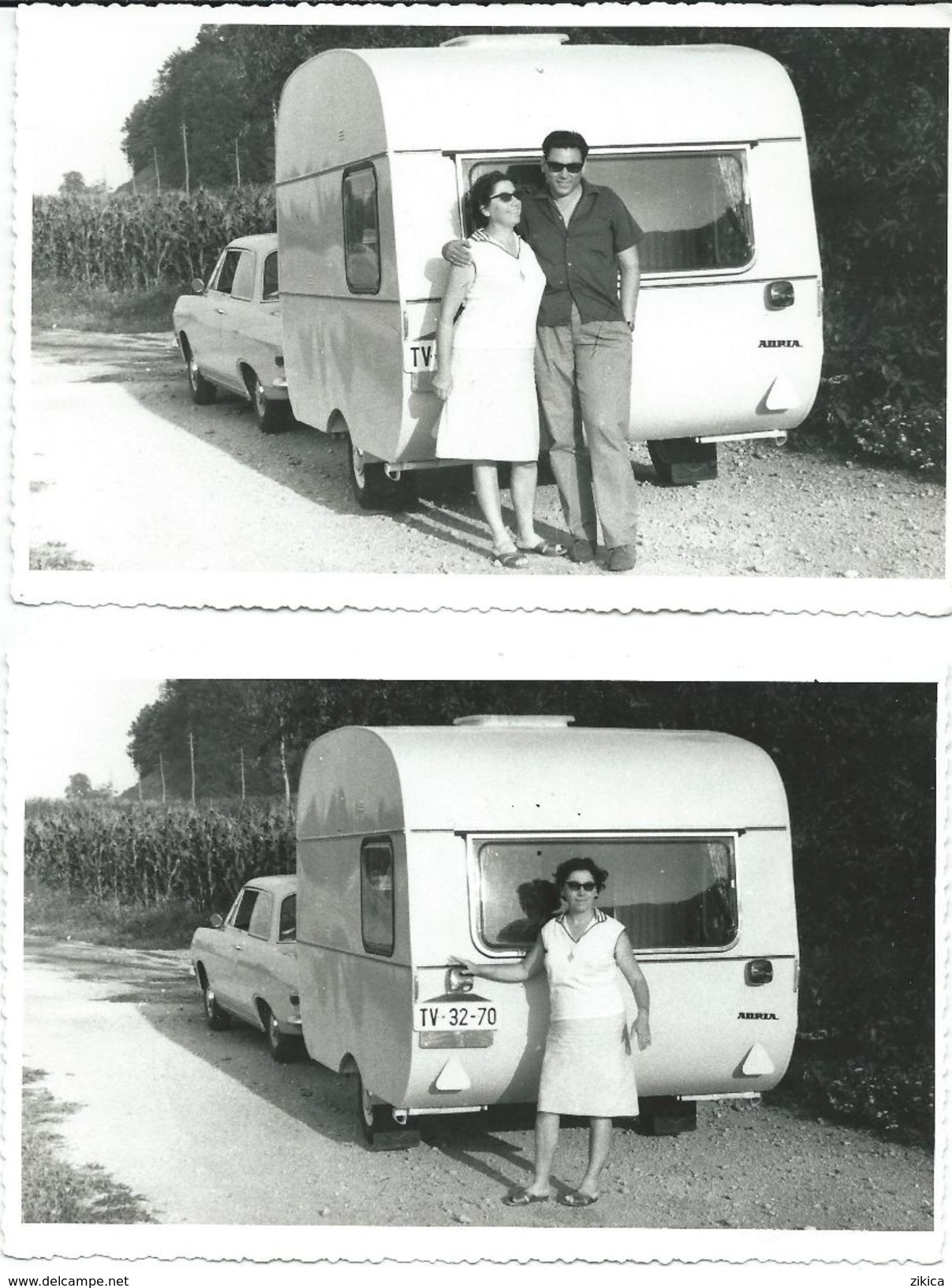2 Photo Cards Opel And Trailor ADRIA. Camping.photo Slovenia 1967.license Plate( TV - Titov Veles,Macedonia,Yugoslavia ) - Wohnwagen