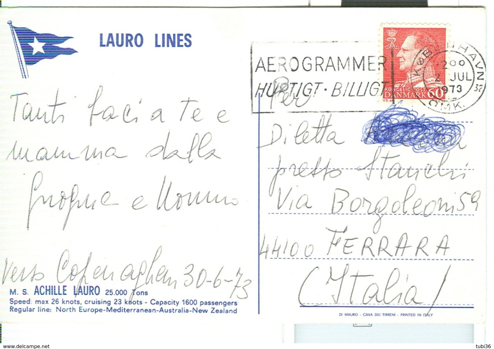 LAURO LINES, Achille Lauro, COLORI, VIAGGIATA  1973,TIMBRO  POSTE DANIMARCA, TARGHETTA, - FERRARA -ITALIA - Altri & Non Classificati